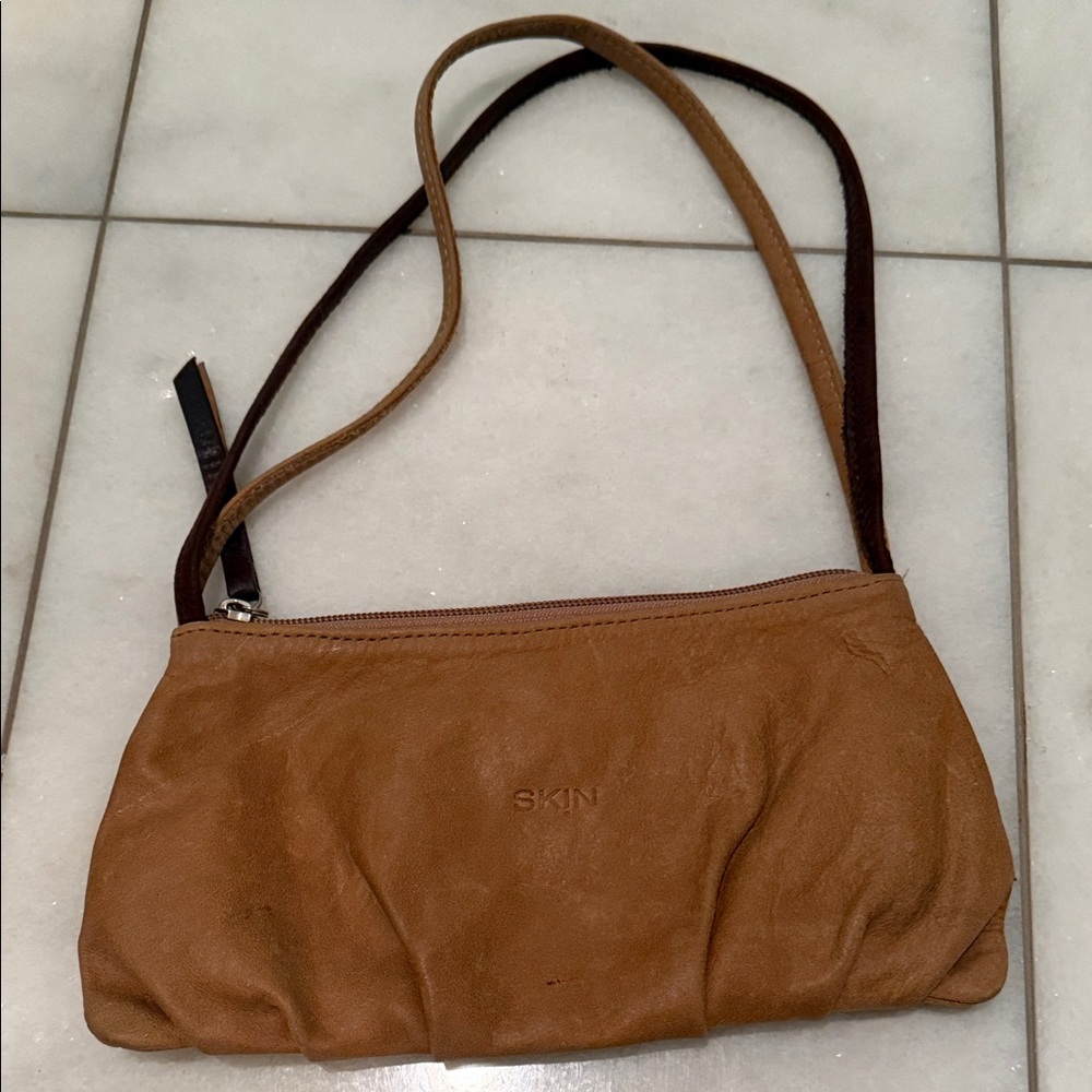 SKIN Brown Leather Shoulder Bag with Dark Brown Strap